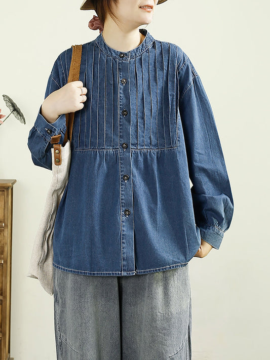 Women Autumn Casual O-Neck Shirred Denim Shirt