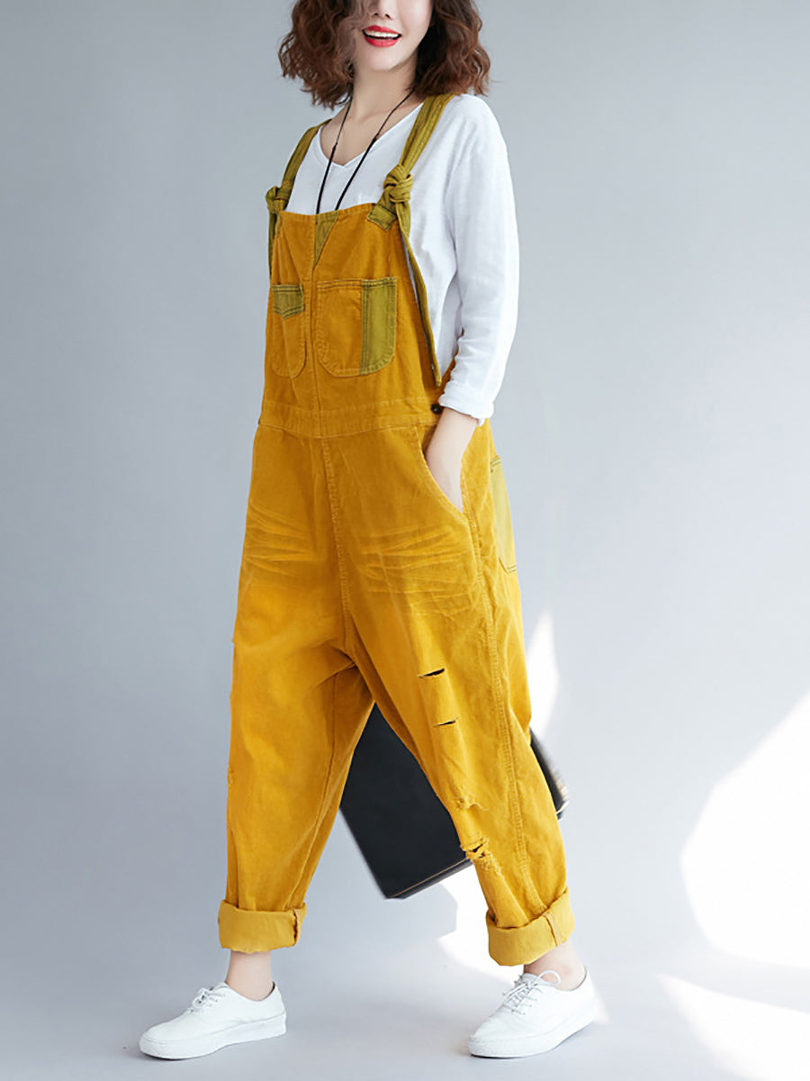 Women Retro Colorblock Autumn Denim Jumpsuits