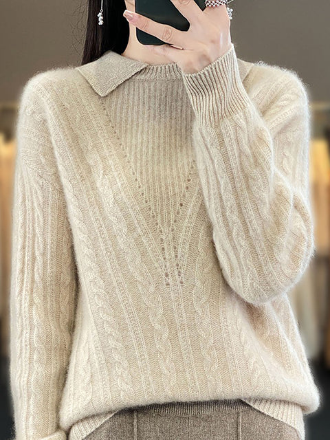 Women Autumn Soft Solid Knit 100%Wool Turn-down Collar Sweater