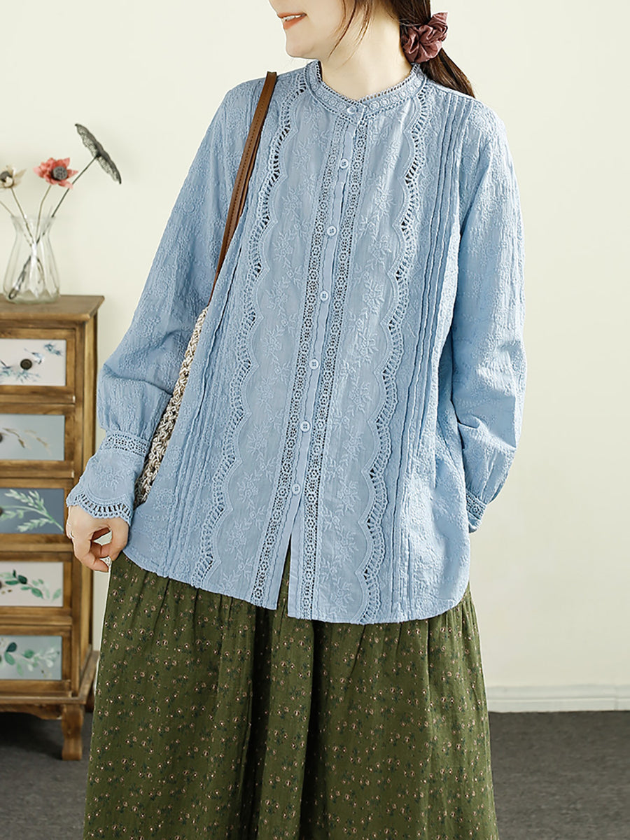 Women Autumn Vintage Embroidery Button Cotton Shirt