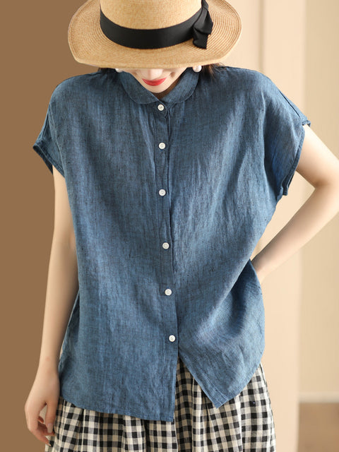 Plus Size Women Vintage Solid 100%Cotton Button-up Shirt