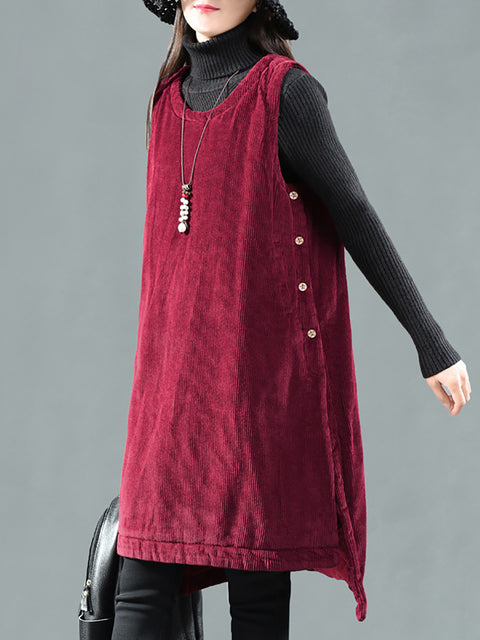 Plus Size Women Casual Solid Corduroy Long Vest Coat