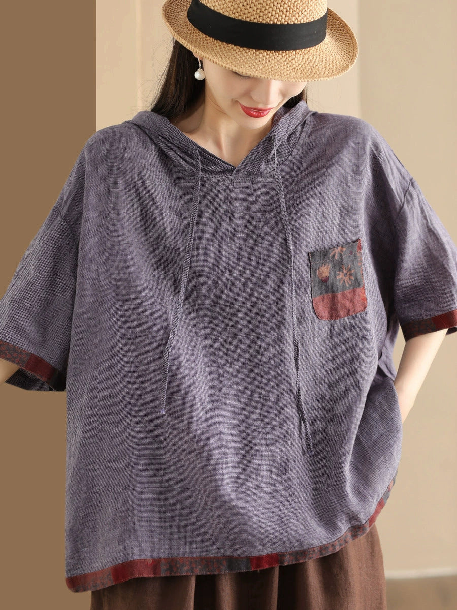 Women Summer Patch Spliced Hooded Linen Shirt