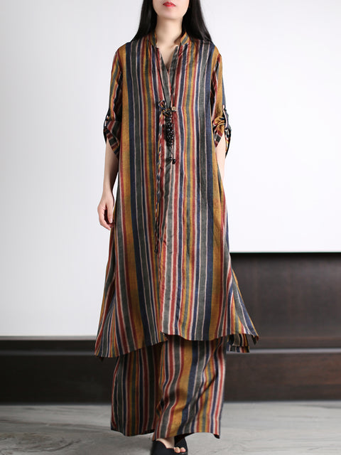 Plus Size Women Vintage Stripe Loose Long Shirt+Pants