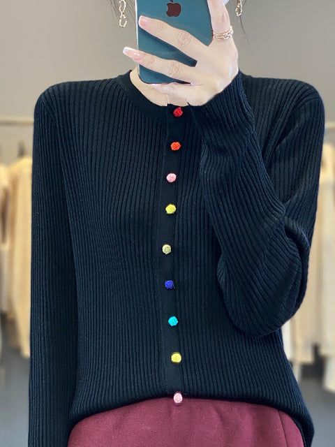 Women Autumn Colorful Button O-Neck Cotton Sweater