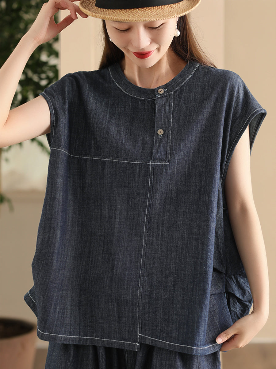 Women Summer Retro Spliced Denim O-Neck Shirt