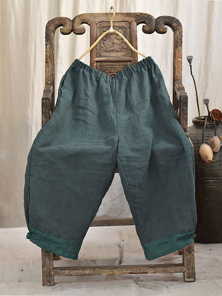 Women Autumn Vintage Colorblock Linen Wide-leg Pants