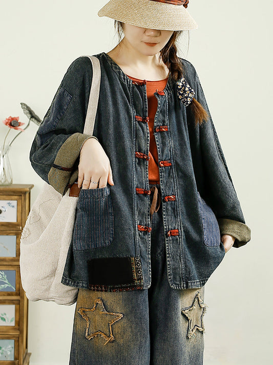 Women Autumn Vintage Patch Spliced Denim Shirt Coat