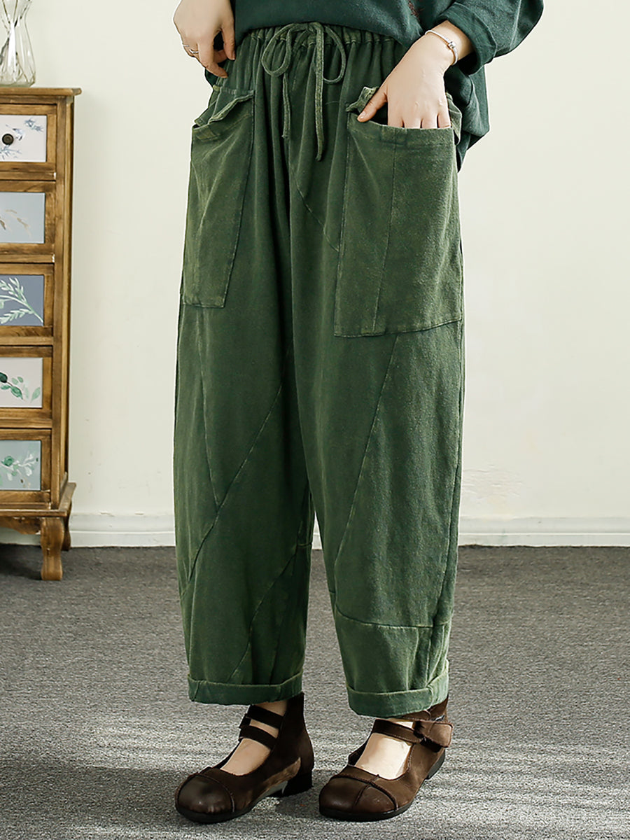 Women Summer Vintage Solid Pocket Harem Pants