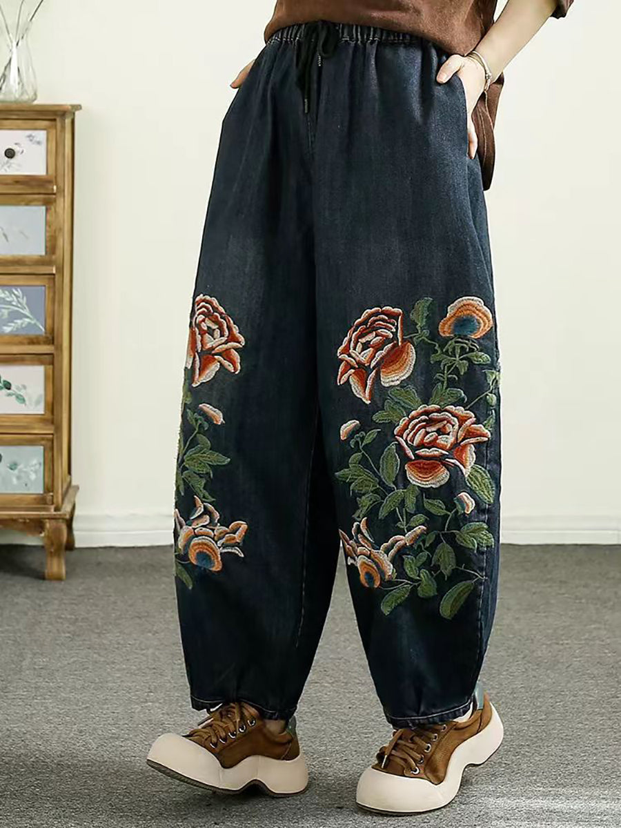 Women Autumn Flower Embroidery Denim Harem Pants