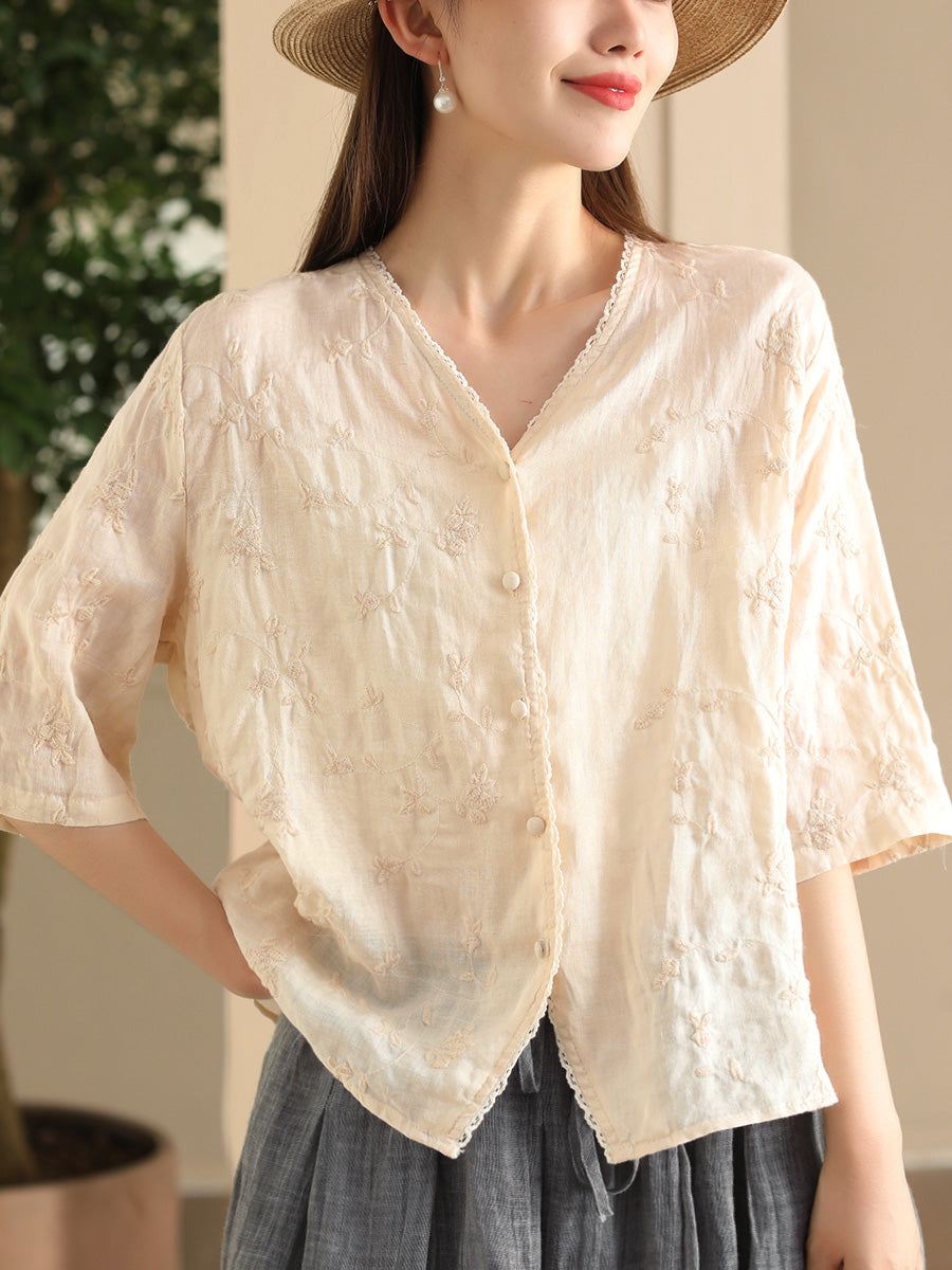 Women Vintage Flower Embroidery Button-up Ramie Shirt