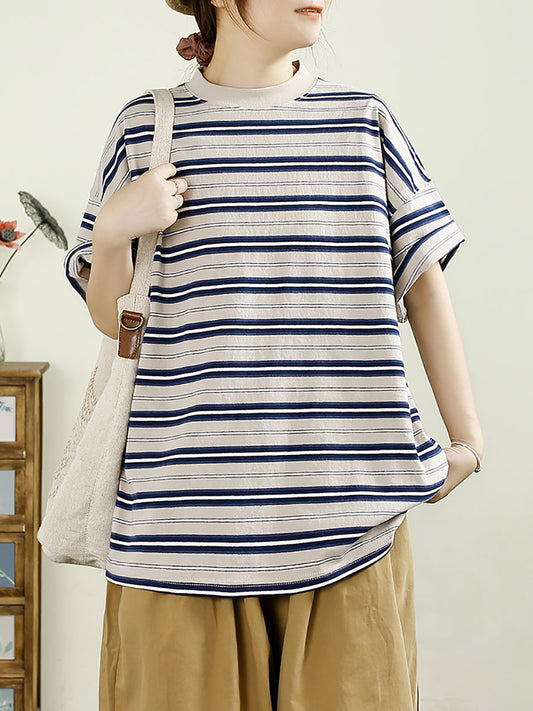 Women Summer Casual Stripe O-Neck Cotton Shirt