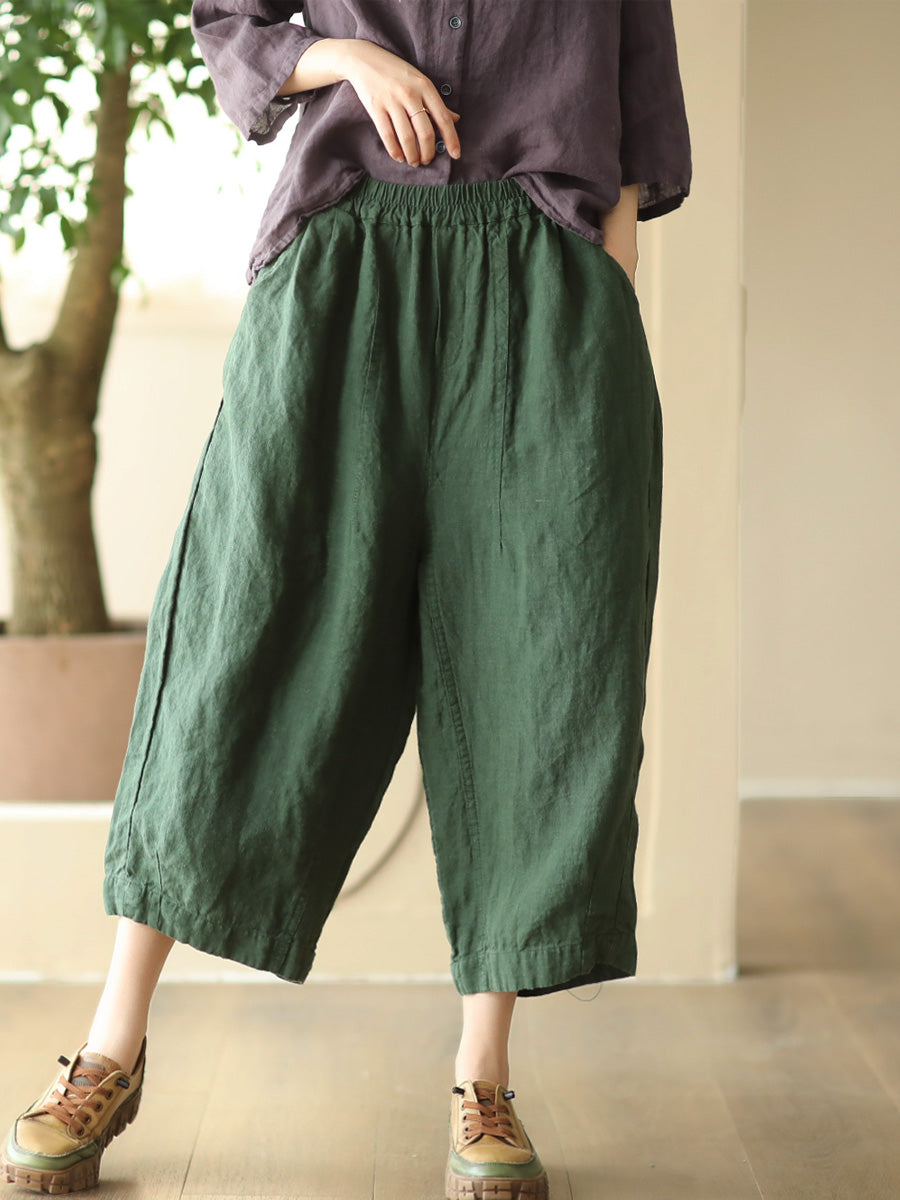 Women Summer Retro Solid Linen Loose Harem Pants