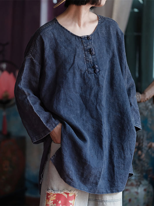 Women Vintage Solid Spring Linen O-Neck Loose Shirt