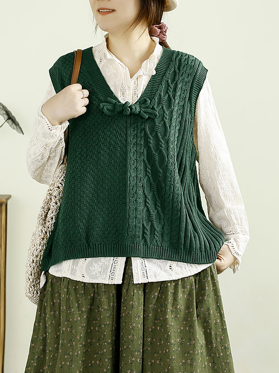 Women Autumn Solid Knitted V-Neck Cotton Vest