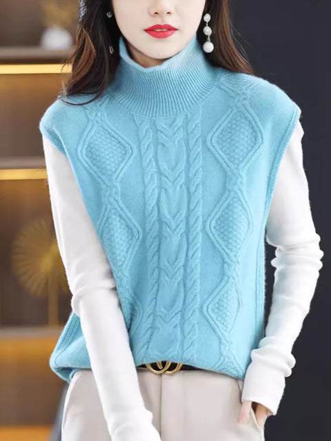 Women Casual Autumn Wool Turtleneck Twist Knit Vest