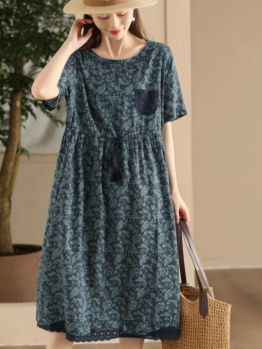 Women Artsy Floral Spliced Strap O-Neck Cotton Linen Dress