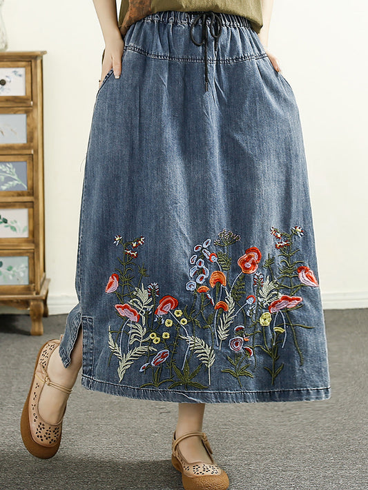 Women Summer Artsy Embroidery Denim A-Shape Skirt