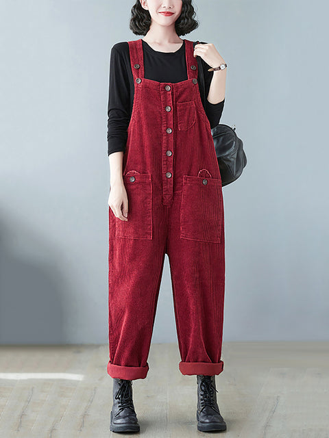 Plus Size Women Vintage Solid Corduroy Jumpsuits