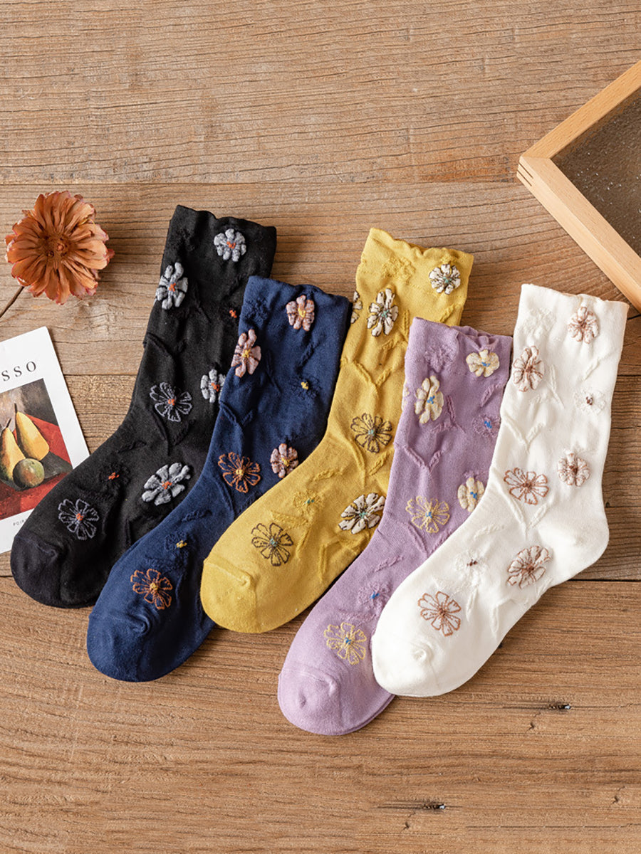 5 Pairs Women Autumn Flower Mid-calf Socks