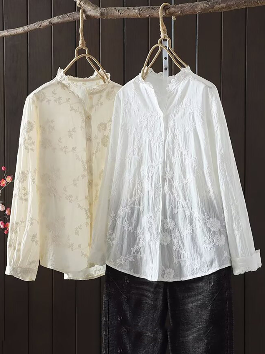 Women Spring Flower Jacquard Lacework Neck Shirt