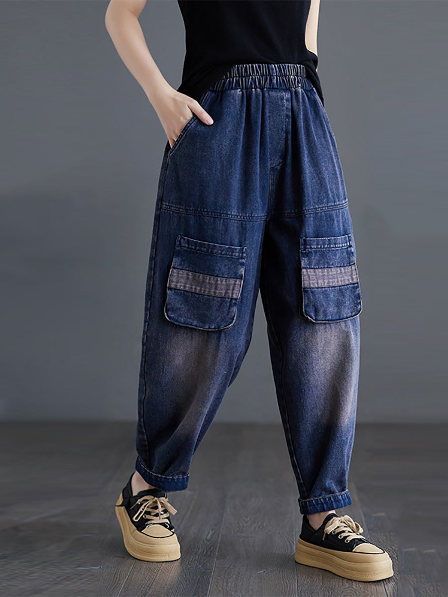 Women Casual Spring Spliced Washed Denim Pants