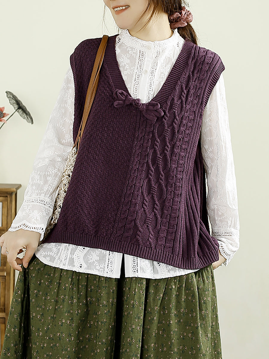 Women Autumn Solid Knitted V-Neck Cotton Vest