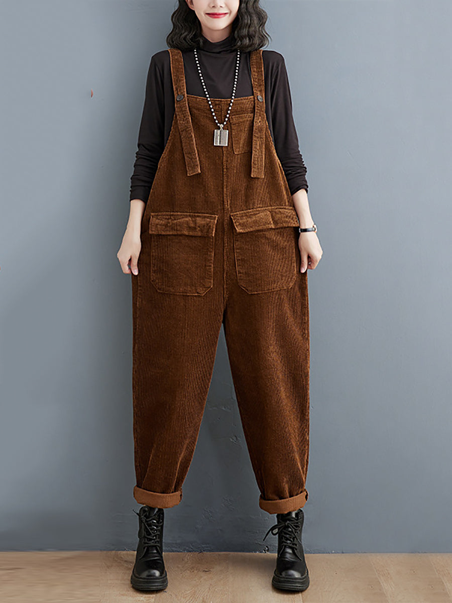 Women Vintage Solid Winter Croduroy Jumpsuits