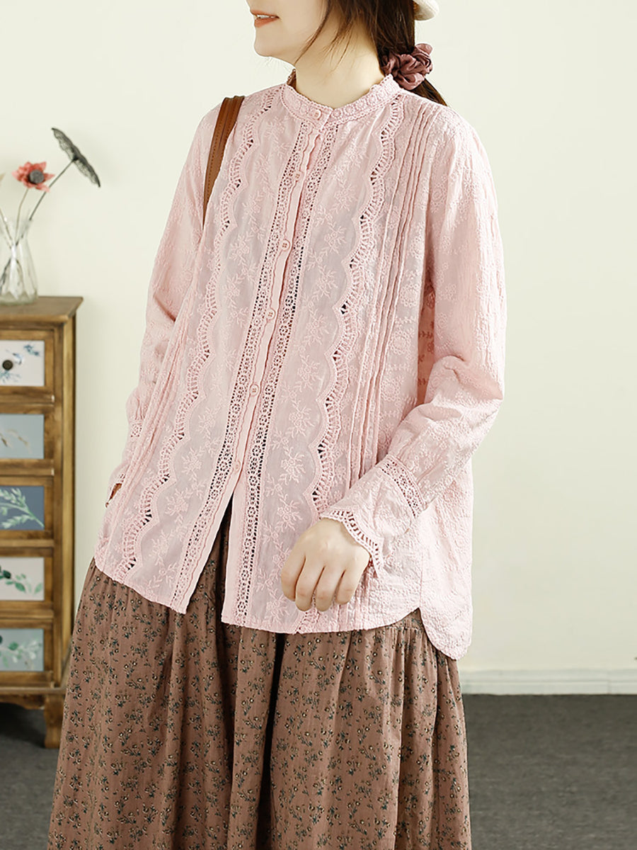 Women Autumn Vintage Embroidery Button Cotton Shirt