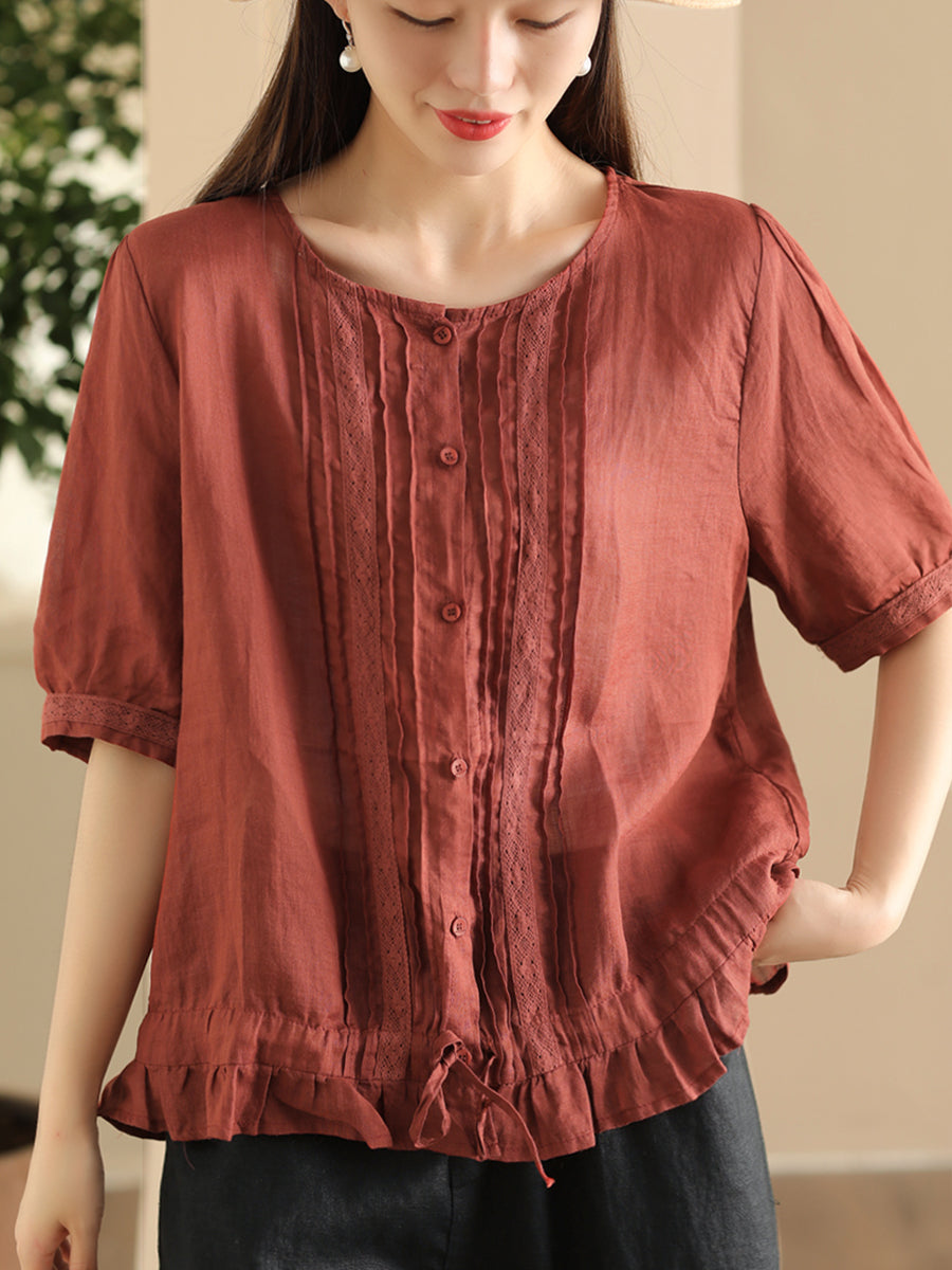 Women Summer Vintage Embroidery Button-up Strap Ramie Shirt