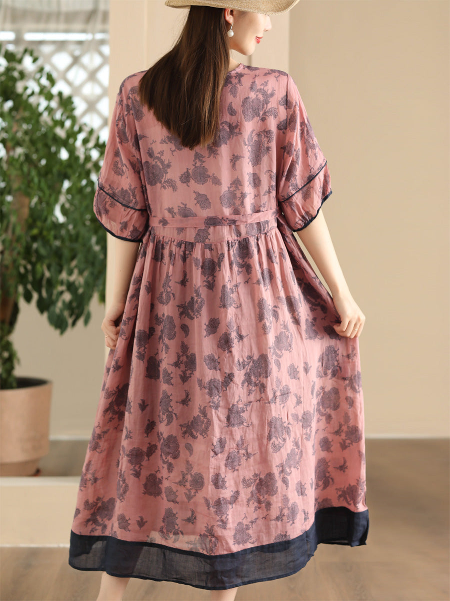 Women Summer Vintage Flower Spliced Strap Ramie Dress