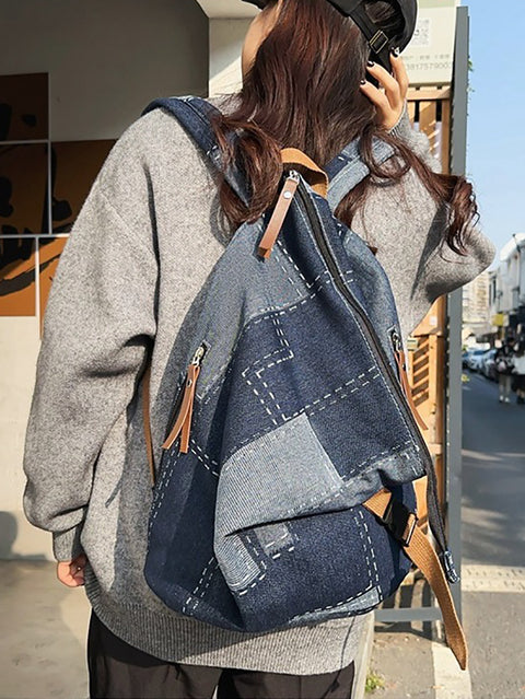 Casual Patch Spliced Denim Backpack