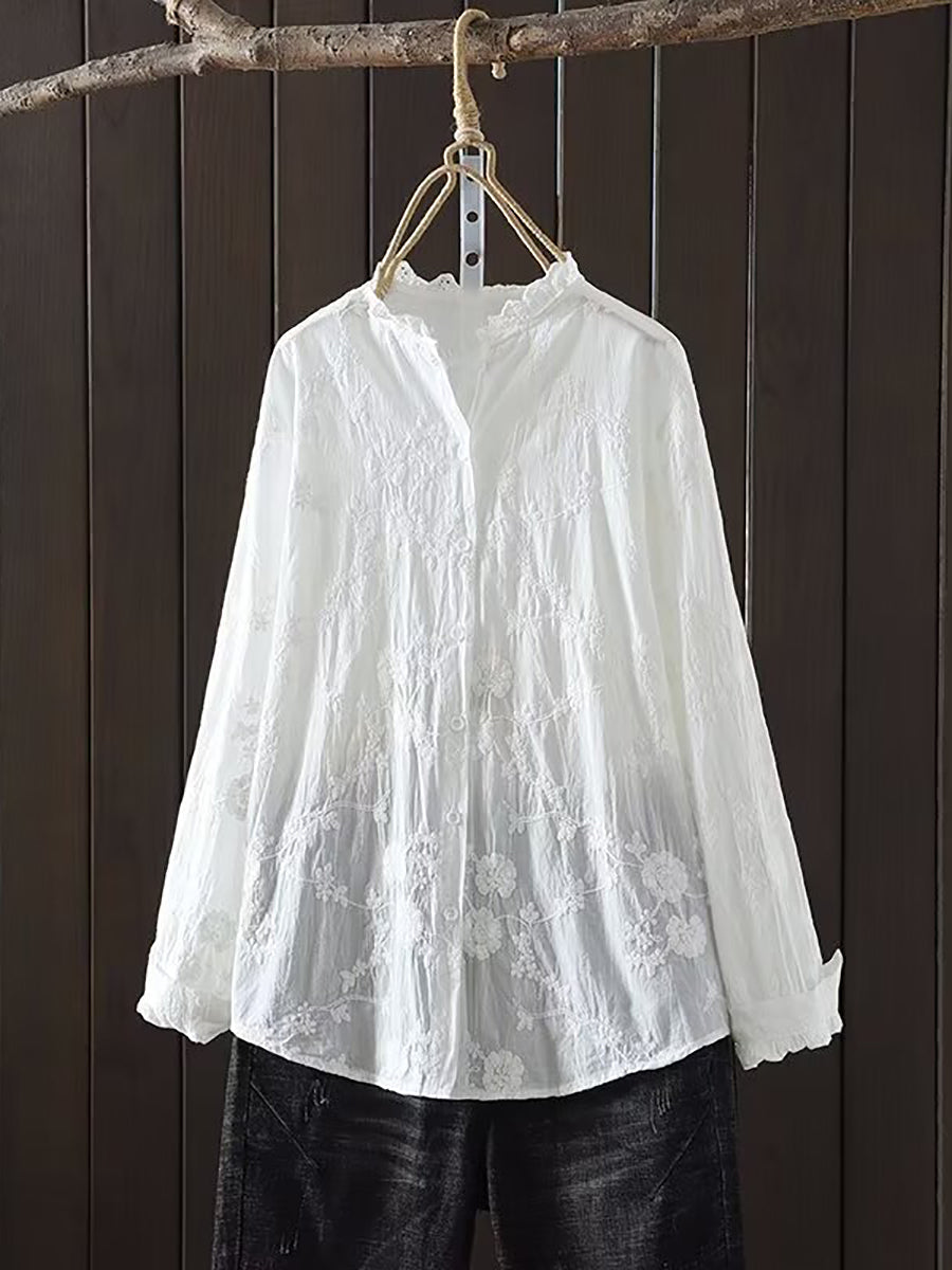 Women Spring Flower Jacquard Lacework Neck Shirt