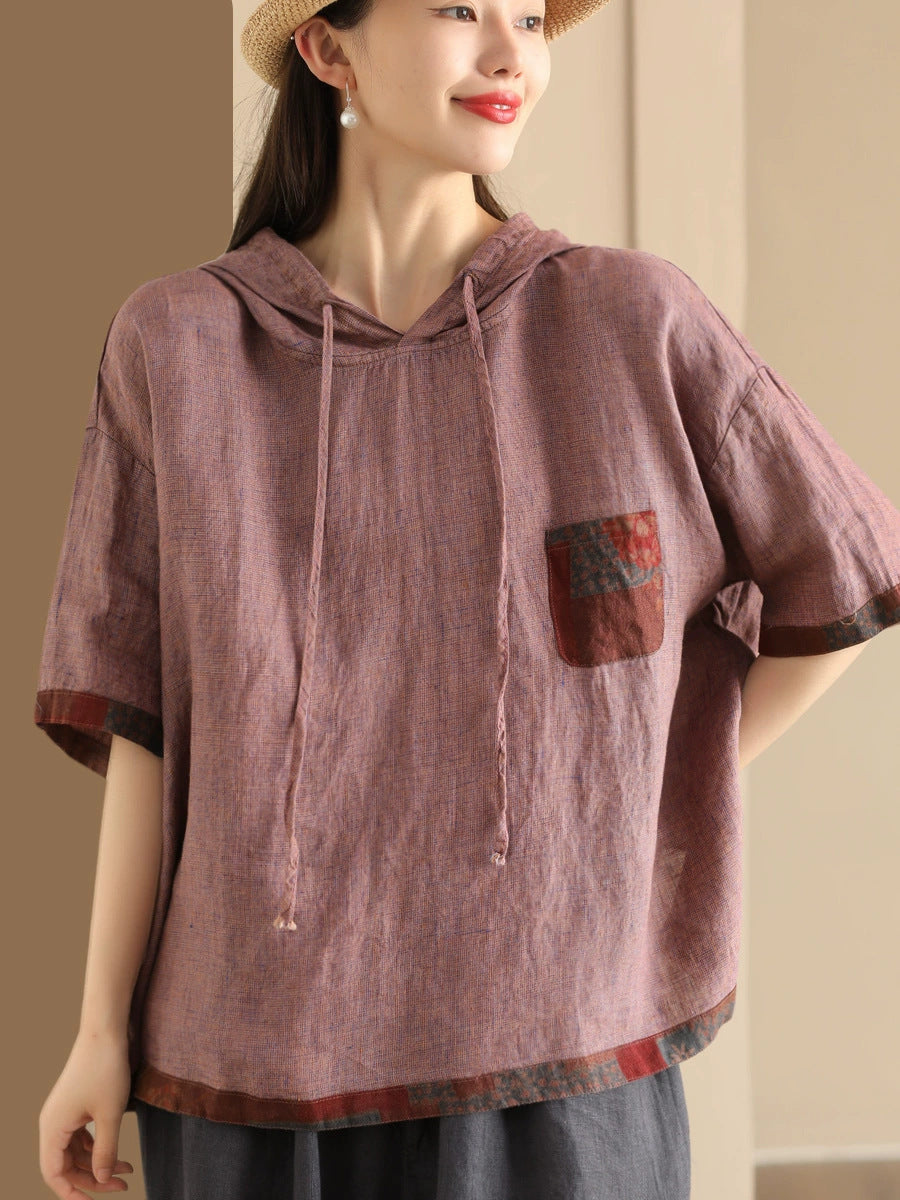 Women Summer Patch Spliced Hooded Linen Shirt