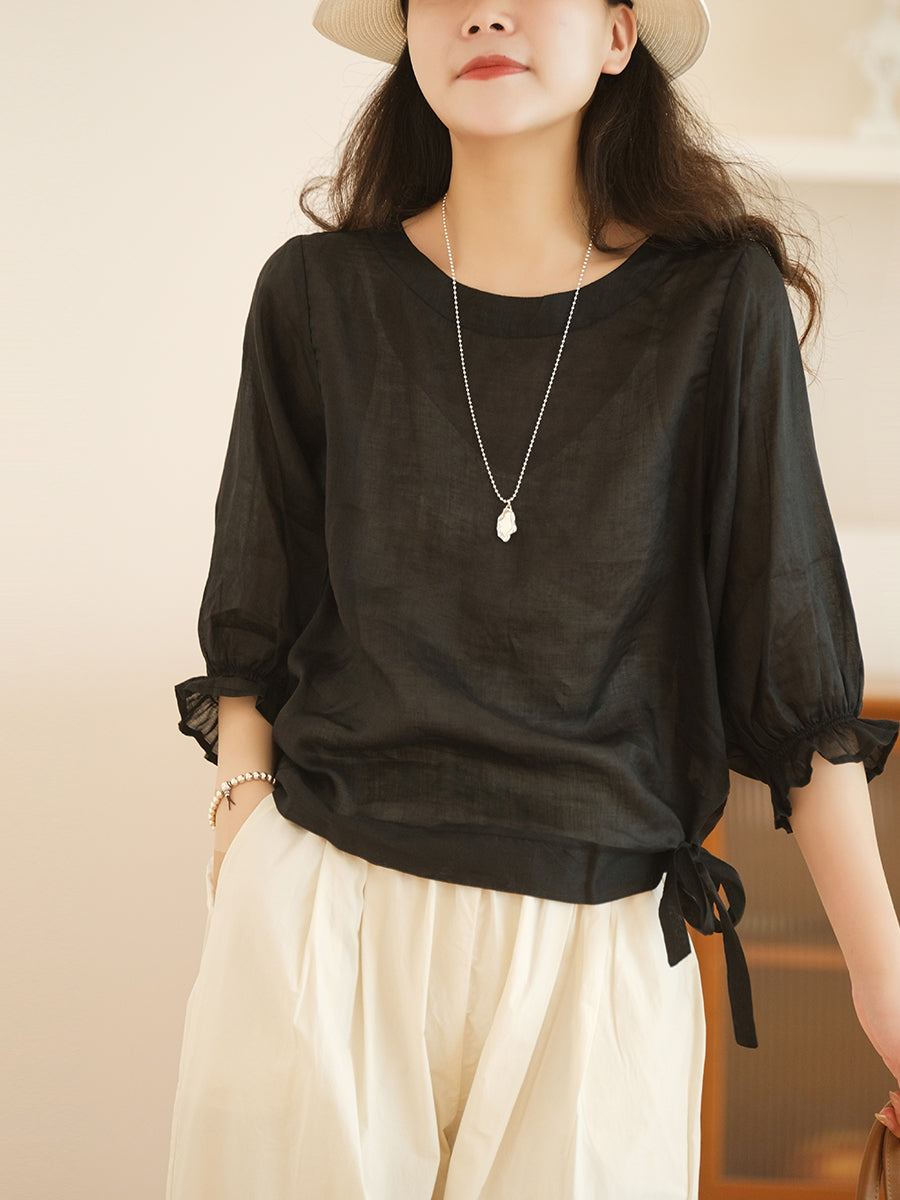 Women Casual Solid Summer Lacework Sleeve Drawstring Shirt