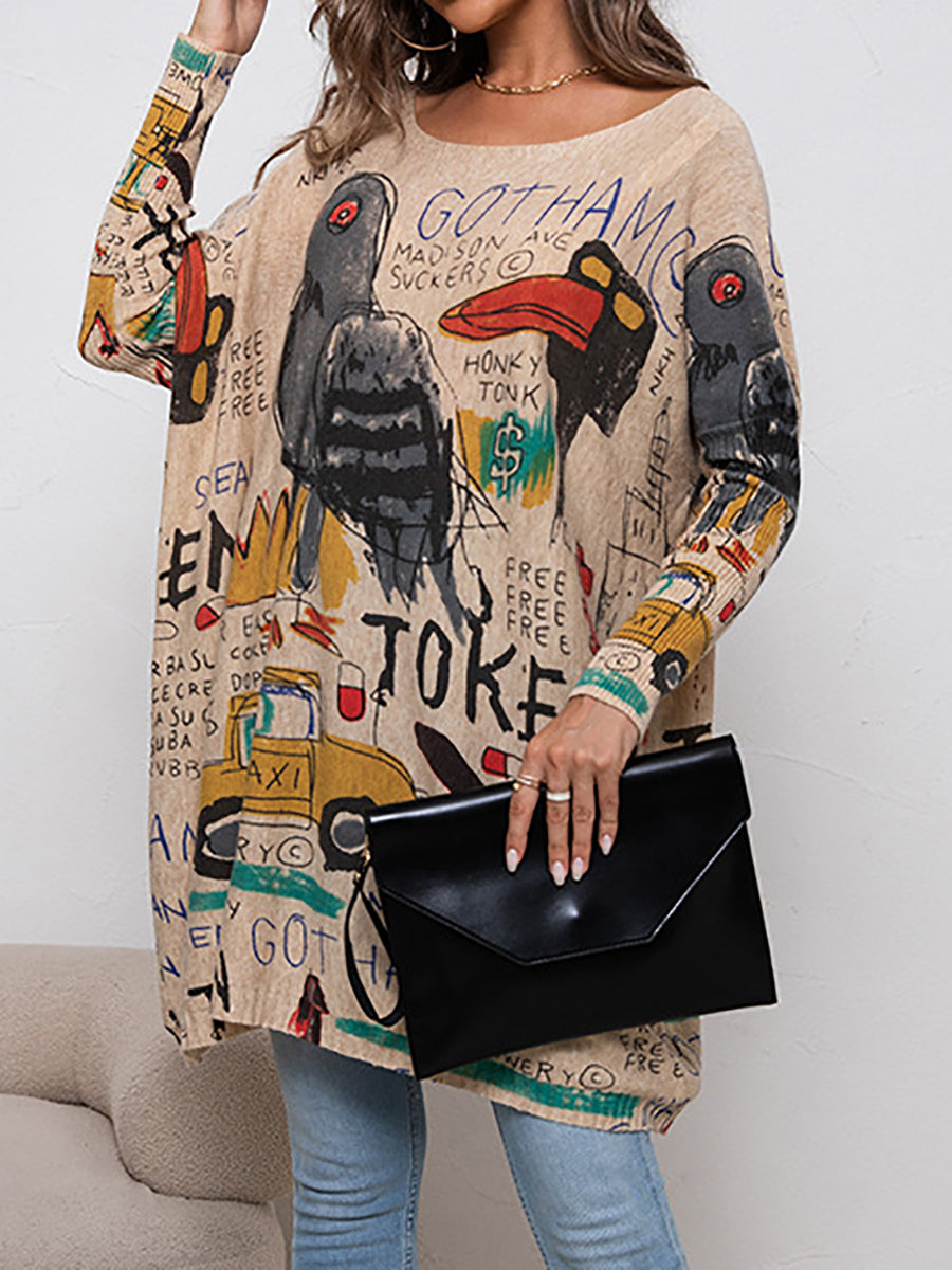 Women Casual Cartoon Bird Print Knitted Shirt