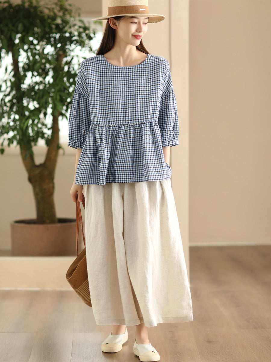 Women Summer Vintage Plaid Spliced Linen Shirt