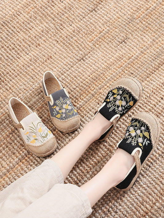 Women Summer Vintage Embroidery Linen Flat Shoes