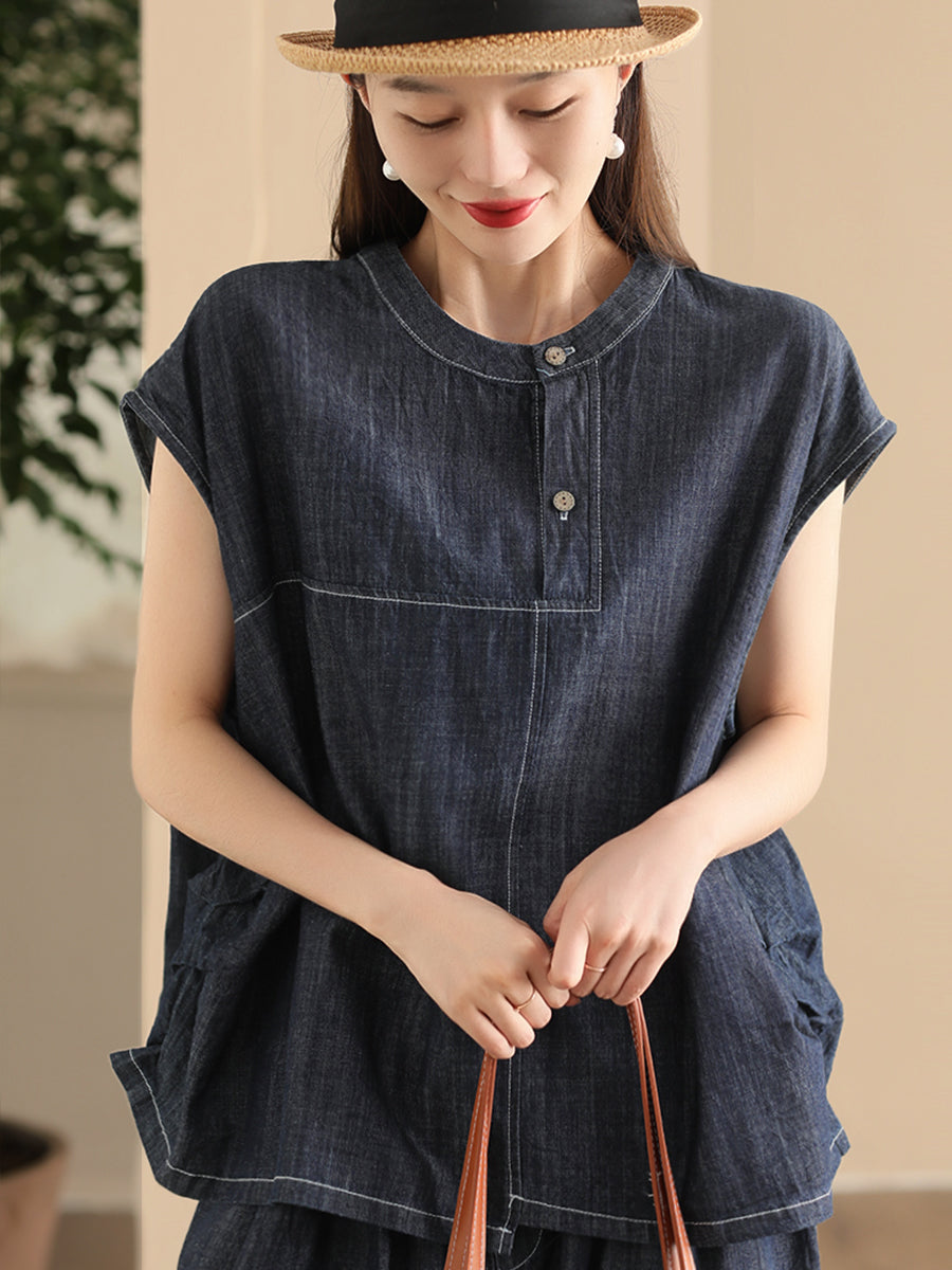 Women Summer Retro Spliced Denim O-Neck Shirt