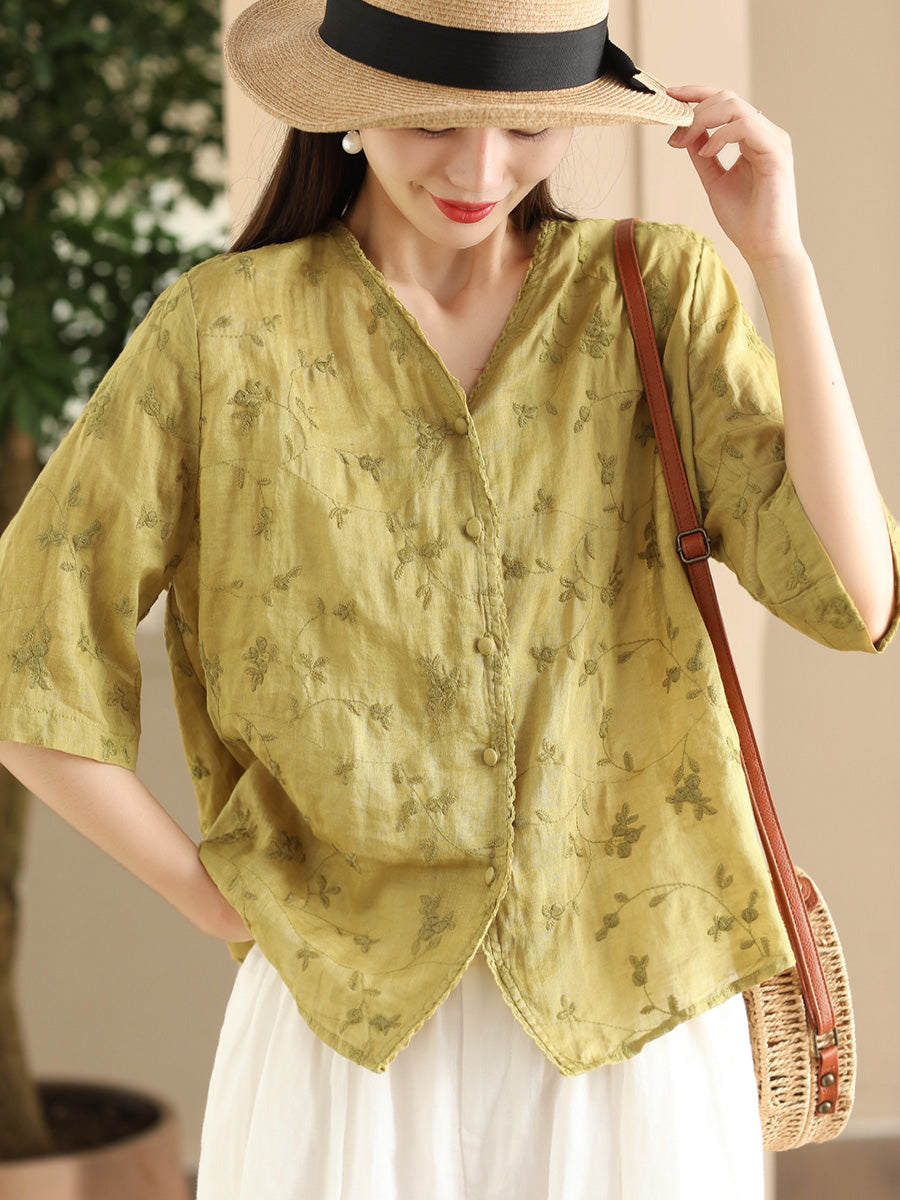 Women Vintage Flower Embroidery Button-up Ramie Shirt