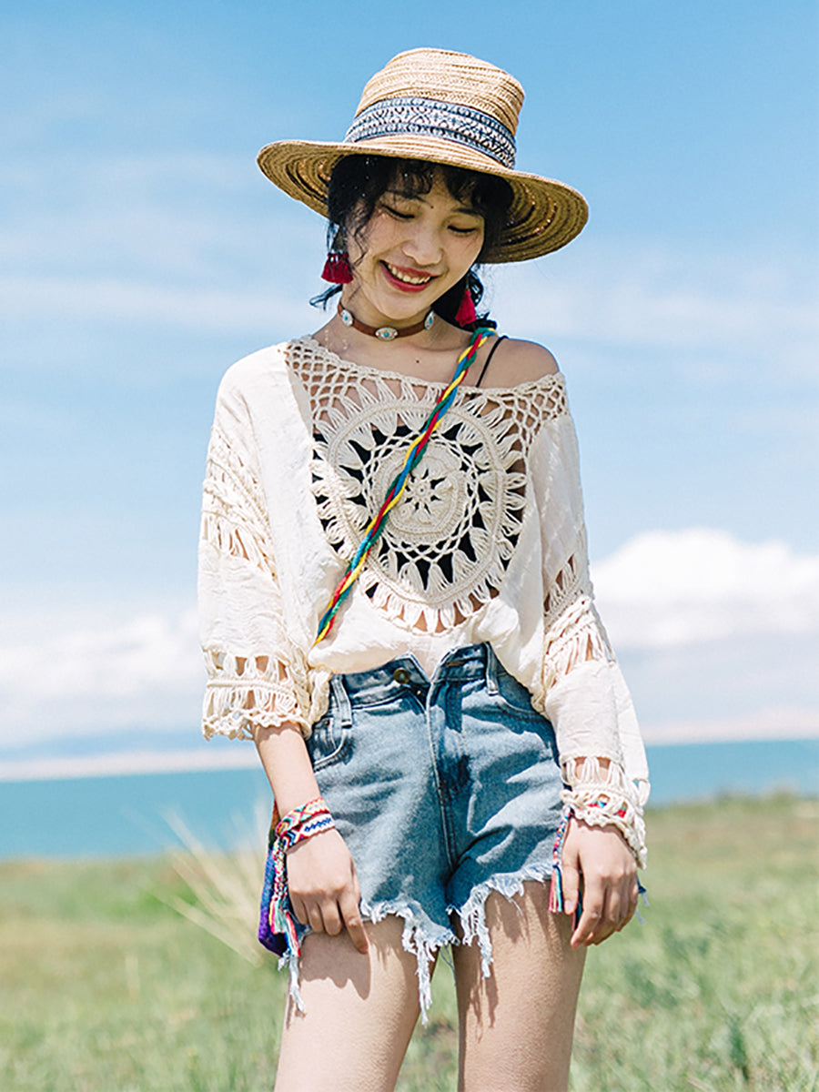 Women Summer Travel Knitted Hollow Out Sunproof Shirt