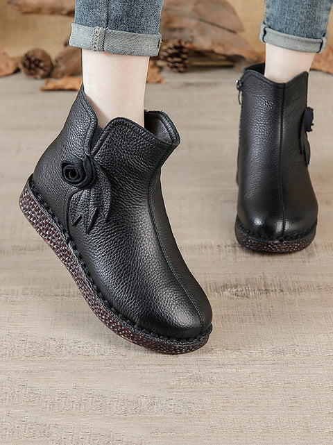 Women Vintage Genuine Leather Flower Flat Ankle Boots