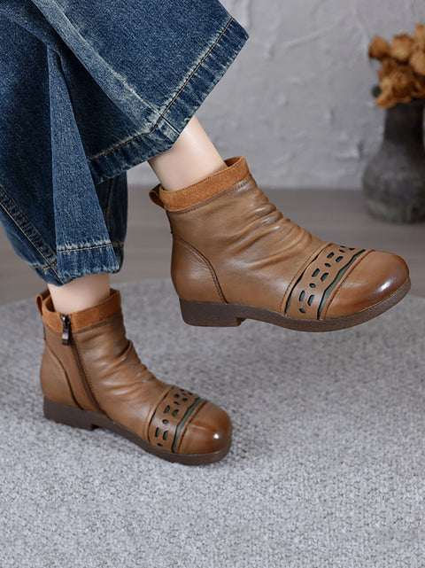 Women Vintage Leather Spliced Low Heel Ankle Boots