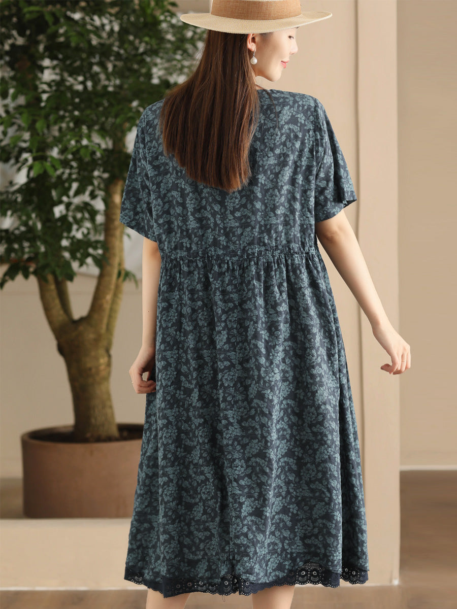 Women Artsy Floral Spliced Strap O-Neck Cotton Linen Dress