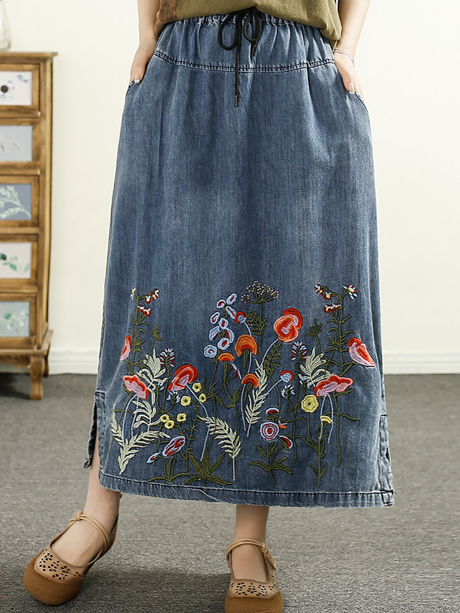 Women Summer Artsy Embroidery Denim A-Shape Skirt