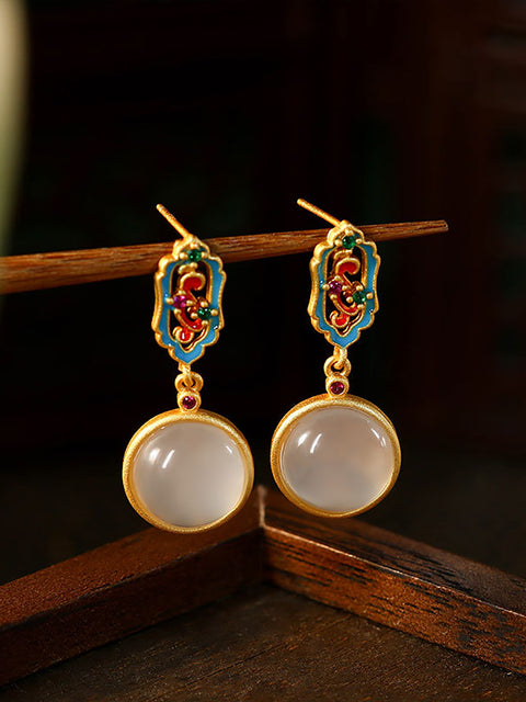 Women Vintage Enamel Round Jade Sliver Earrings