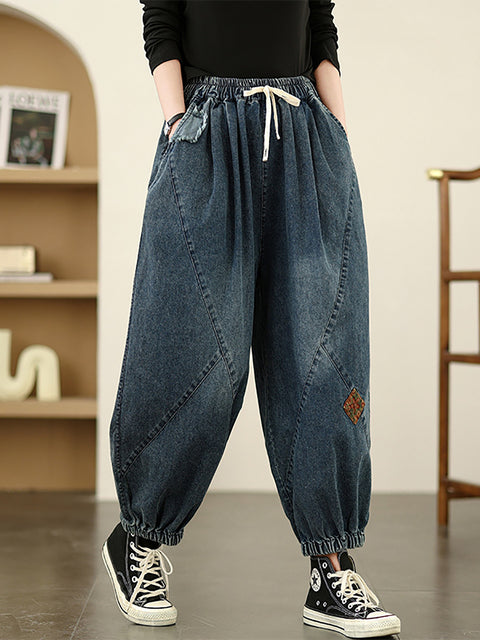 Women Spring Retro Patch Denim Harem Pants