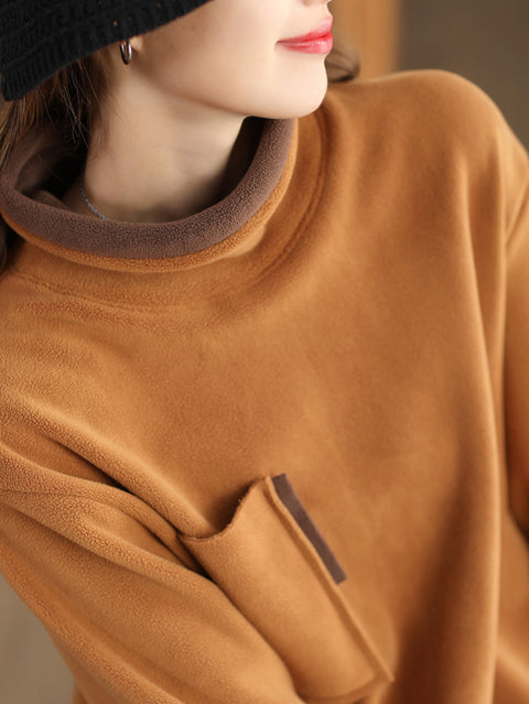 Women Casual Winter Spliced Turtleneck Fleece Sweatshirt