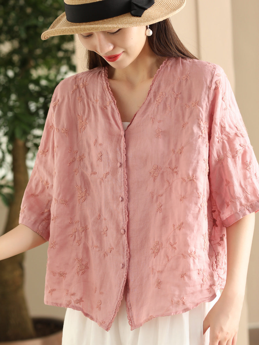 Women Vintage Flower Embroidery Button-up Ramie Shirt