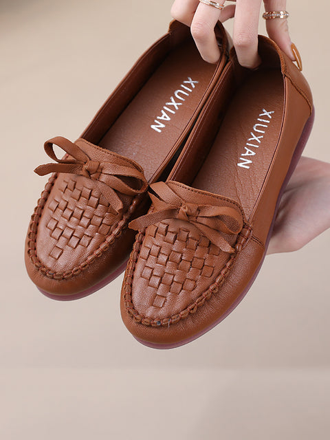 Women Summer Casual Solid Soft Leather Weave Flat Shoes